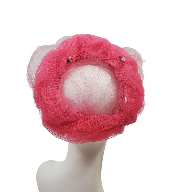 1960s Raspberry Pink Netting and Flower Fascinato… - image 3