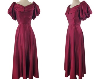 1980s Burgundy Sateen Off the Shoulder Dress