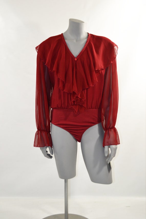 1990s NOS Cranberry Red Ruffled Bodysuit by Marni… - image 2