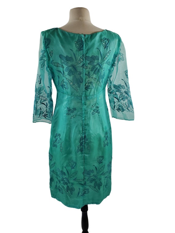 1960s Teal Cut-out Overlay Floral Cocktail Dress - image 5