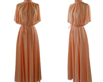 1970s Peach Split Shoulders High Neck, Blouson Dress, Bridesmaid/Prom Dress