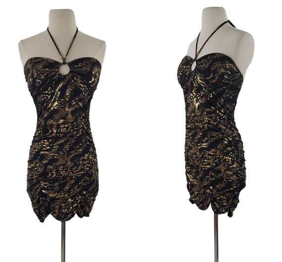 1990s/Y2K Black and Gold Ruched Club Dress by Lip… - image 1