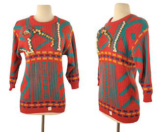 1980s NOS Funky Red, Teal, Blue and Yellow Abstract/Geometric Sweater by Darian, Ugly Sweater Party, Beaded Sweater