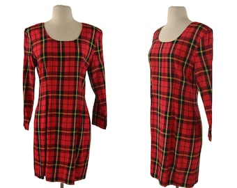 1990s Red, Black and Yellow Plaid Knee Length Sheath Dress by You Babes