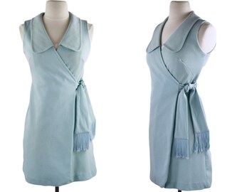 1960s/1970s Mint Blue Sleeveless Wrap Dress, Tassel Ties, MOD