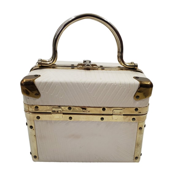 Buy 1960s White and Gold Box Handbag by Delill Make up Bag Online