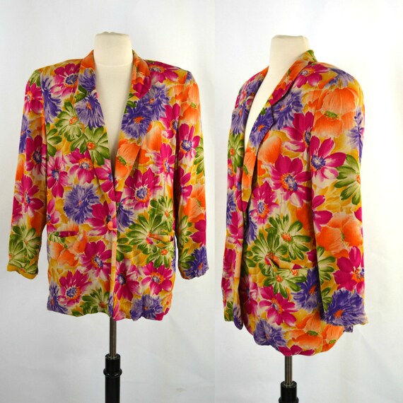 1980s Bright Orange, Pink, Purple, Green Floral Pr
