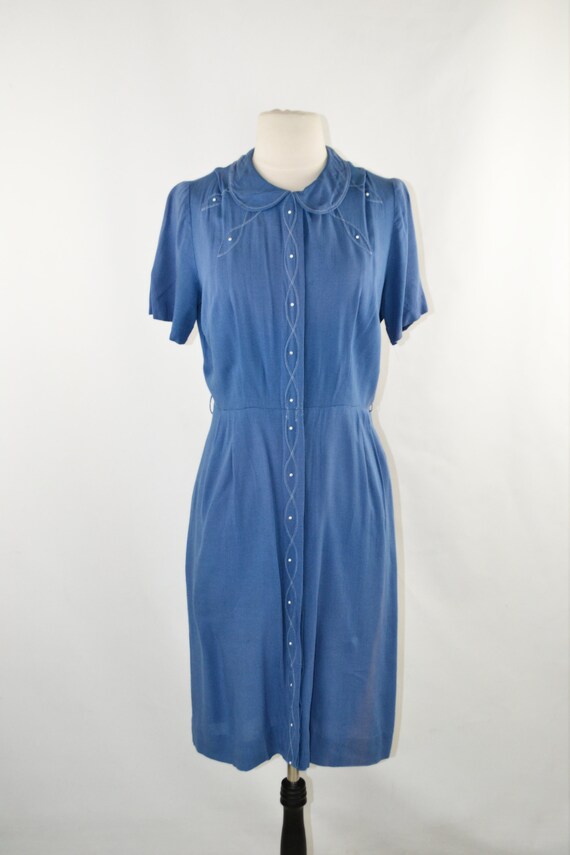 1950s Blue Linen Day Dress by Fashioned by Lampl,… - image 2