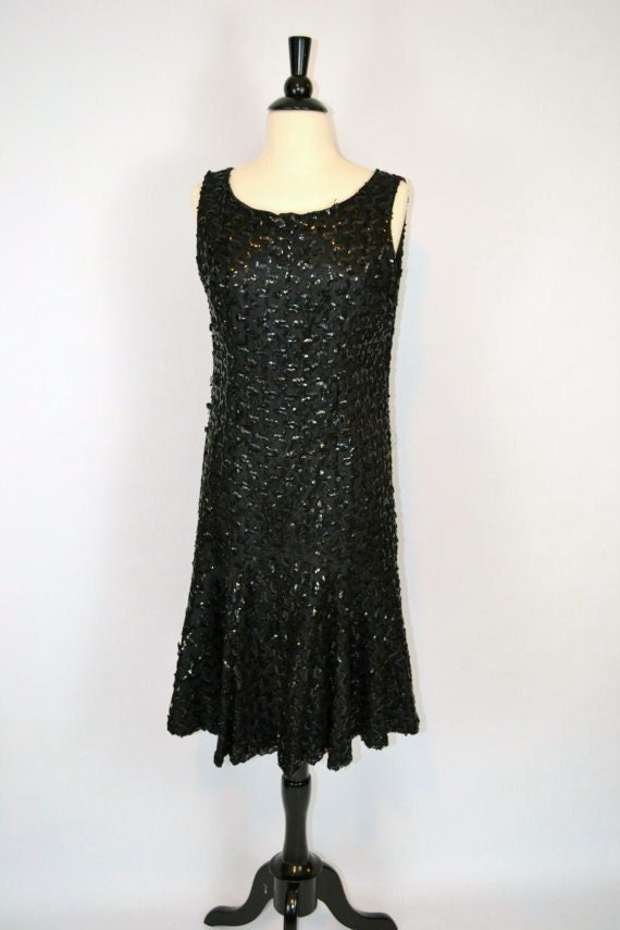 1960s Black Sleeveless Sequin Flapper Drop Waist C