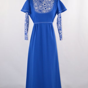 1970s Cerulean Blue and White Long Sleeve Maxi Dress, Full Length image 2