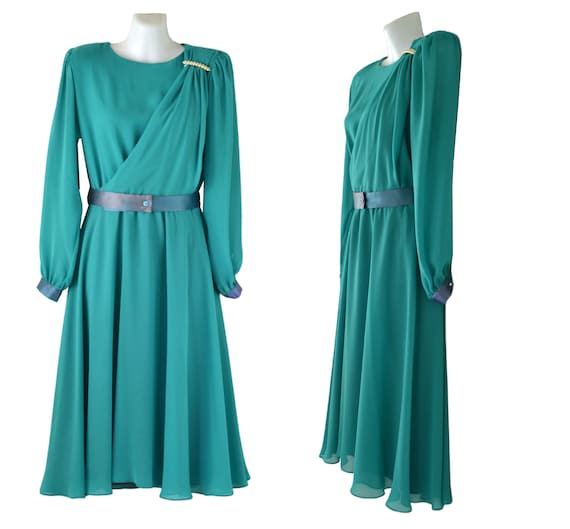 1970s Teal Sheer Poly Chiffon Dress by Ursula of … - image 1