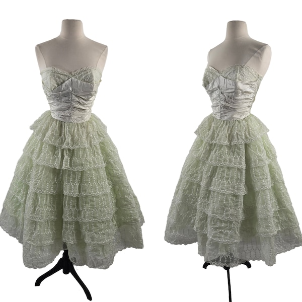 1950s vintage white prom dress, tea length net tulle cupcake evening gown, off the shoulder ball gown