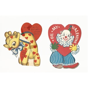 Tarjetas vintage de San Valentín con jirafa y payaso. Juego de 2