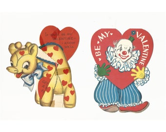 Vintage Giraffe and Clown Valentine Day Cards, Set of 2