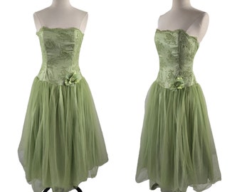 1980s Green Strapless Tulle Formal Dress by Jessica McClintock for Gunne Sax