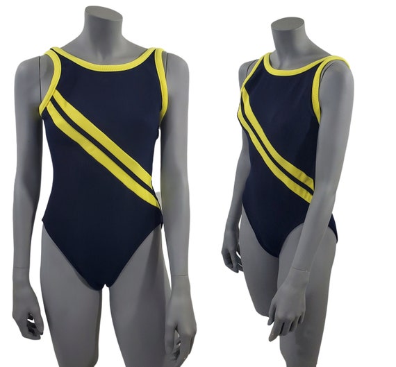 1980s One Piece Navy Blue And Lemon Yellow Swimsuit B Gem
