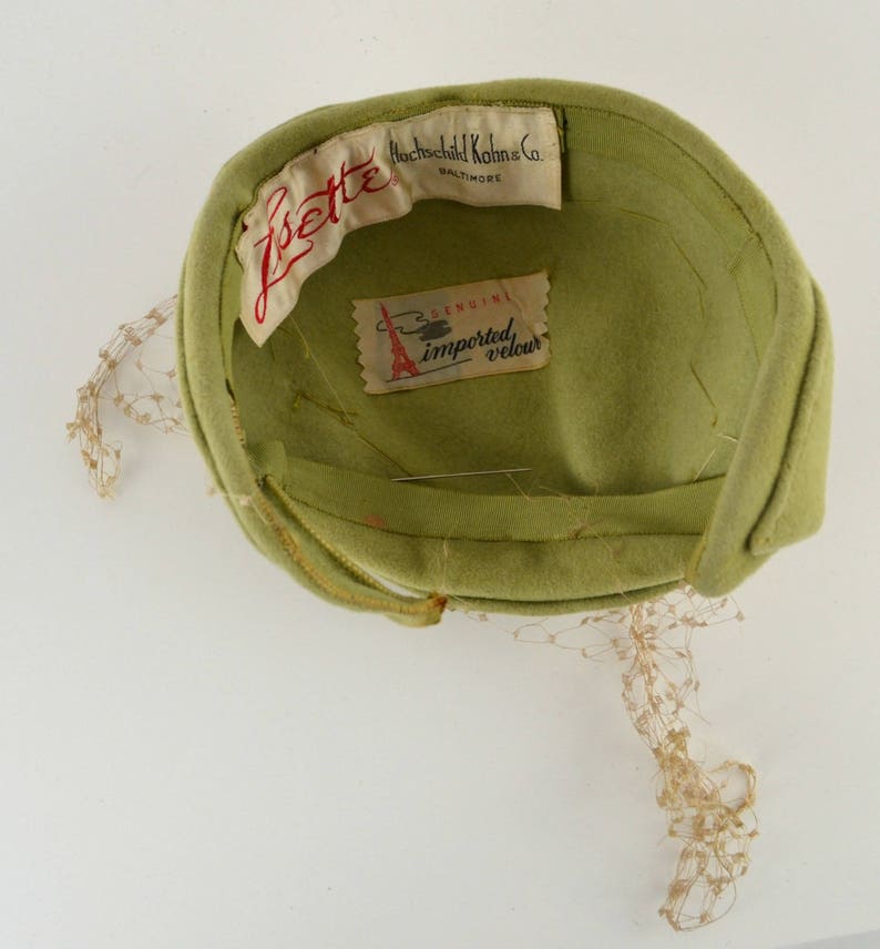 1950s Sage Green Imported Velour Fascinator/Cocktail Hat by Lisette Hochschild Kohn and Co image 6