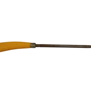May include: A yellow handled metal knife sharpener with a metal rod.