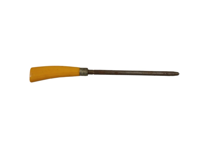 May include: A yellow handled metal knife sharpener with a metal rod.