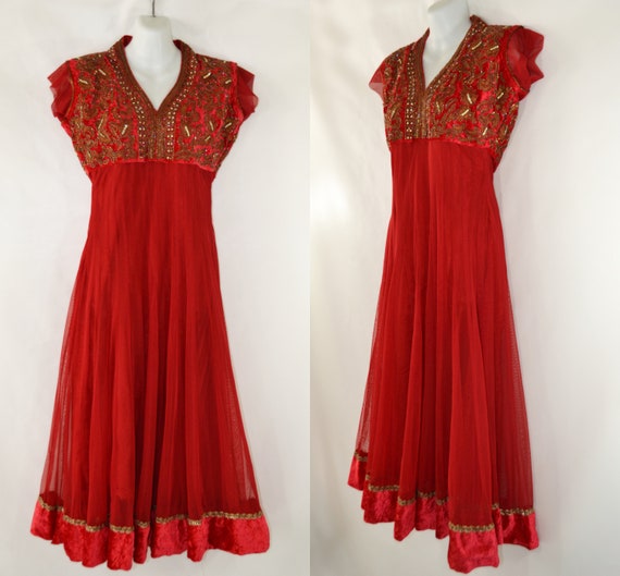Vintage Lipstick Red Bollywood Empire Waist Dress