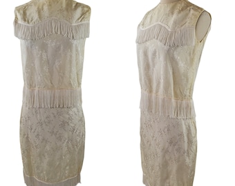 1970s Pale Yellow Sleeveless Damask Fringe Two Piece Outfit, Blouse and Skirt