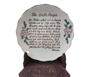 Vintage The Lord's Prayer Miniature Plate and Wooden Stand