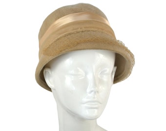 1950s Cream Mohair Cloche Hat with a Two Tone Band Bucket Hat, Estate Fresh