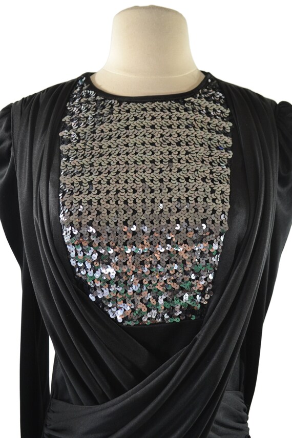 1980s Black Cocktail Dress with Silver Sequin Bib… - image 7