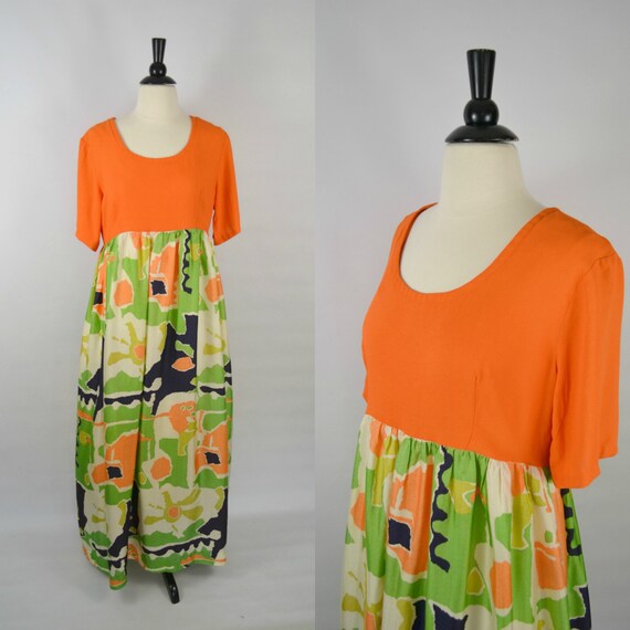 1970s Orange Abstract Print Empire Waist Maxi Dres
