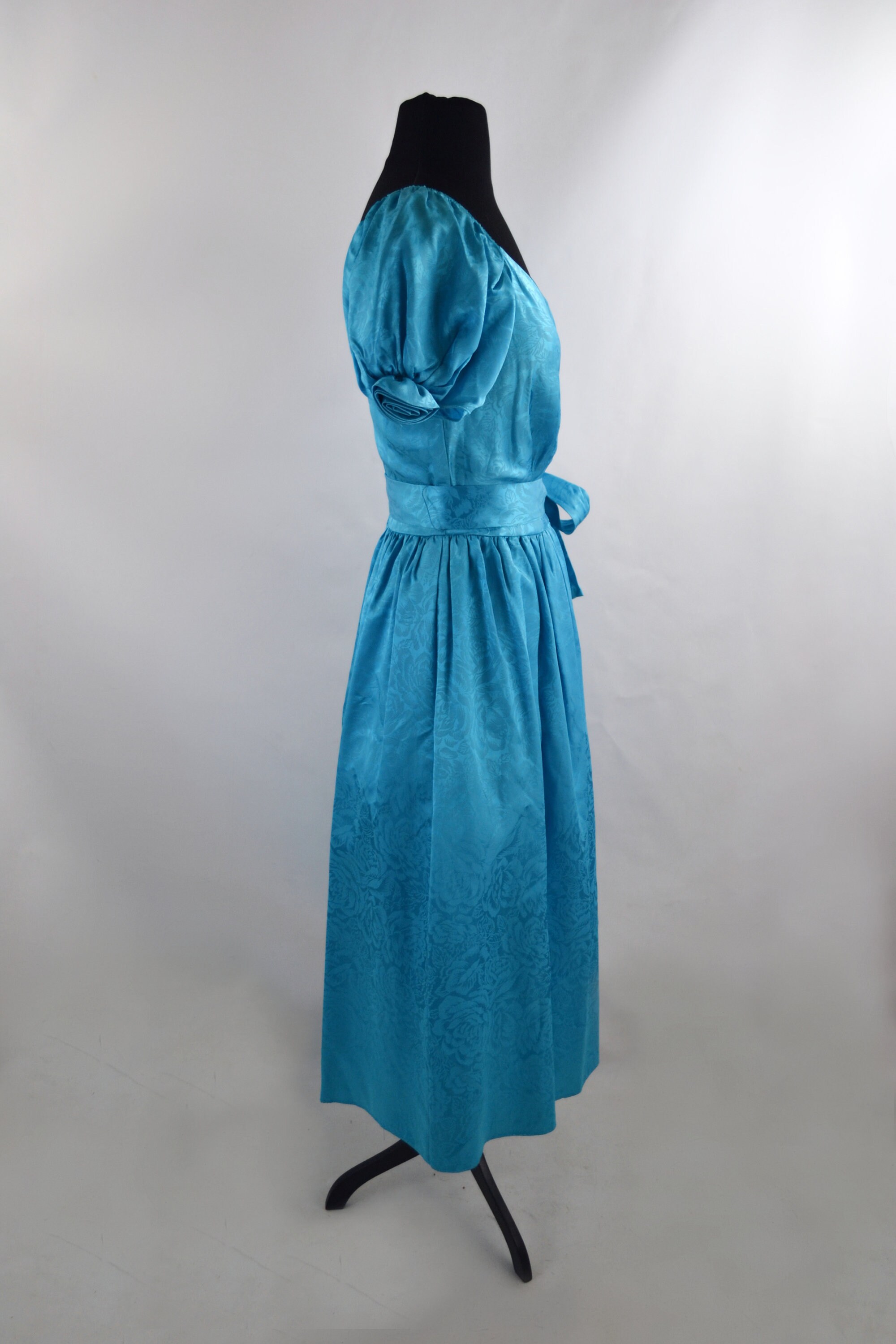 1980s Blue Floral Damask Off the Shoulder Formal Dress Etsy