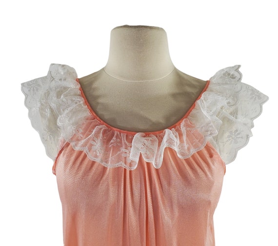 1960s/1970s Pink Coral and White Lace Nylon Night… - image 7