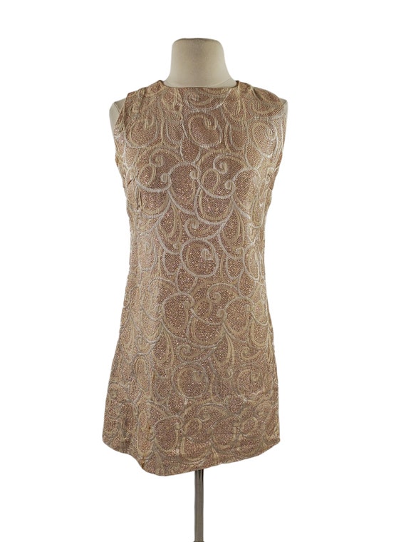 1960s Gold and Cream Metallic Brocade Mini Dress - image 2