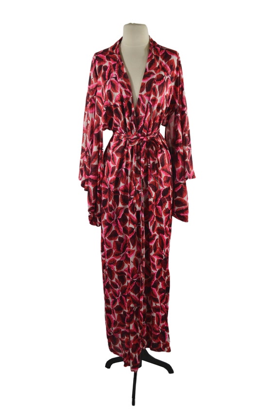 1960s Red and Pink Leaf Kimono Style Robe by The … - image 2