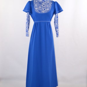 1970s Cerulean Blue and White Long Sleeve Maxi Dress, Full Length image 3