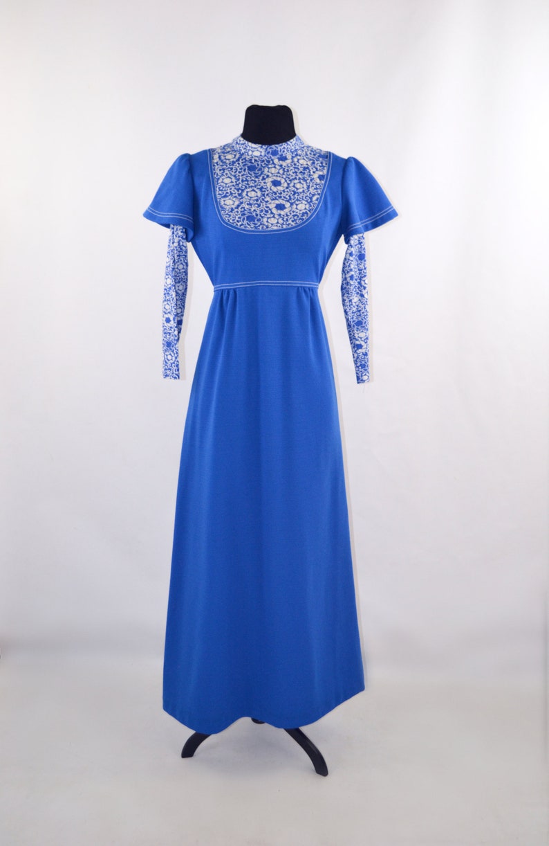 1970s Cerulean Blue and White Long Sleeve Maxi Dress, Full Length image 3