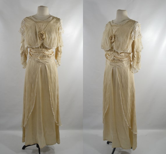 Edwardian Champagne Lace Wedding Dress, Needs TLC