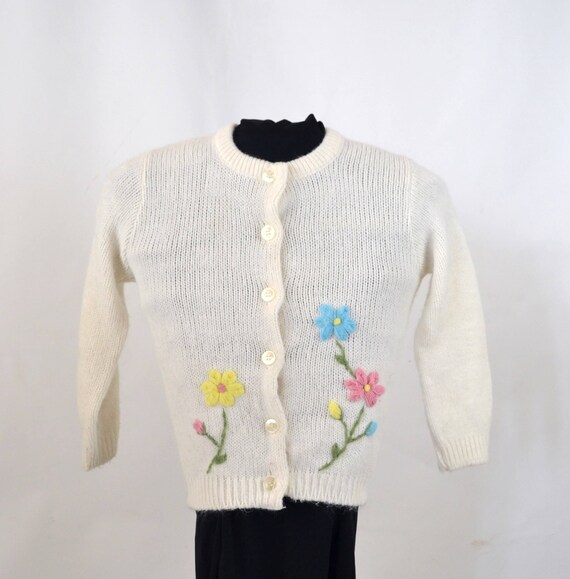 1960s Girls White Cardigan Sweater, Pink, Blue an… - image 2