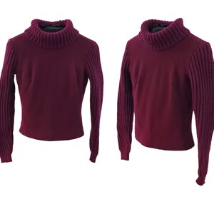 May include: A burgundy turtleneck sweater with ribbed knit sleeves.