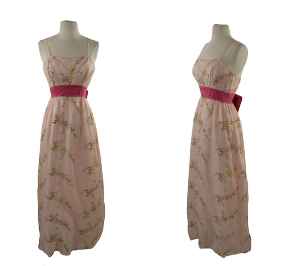 1960s Pink Floral Embroidered Spaghetti Strap Dres