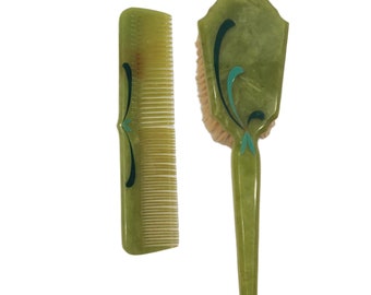 Vintage Green Vanity Set with Brush and Comb Victorian Style Celluloid Vanity Set: Green Pearlescent  main image 3