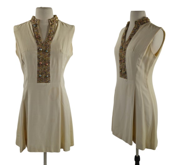 1960s/1970s Ivory Sleeveless MOD Mini Dress, Gimp… - image 1