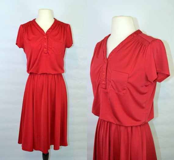 1970s Wine Red Blouson, Pleated Skirt, Short Sleev