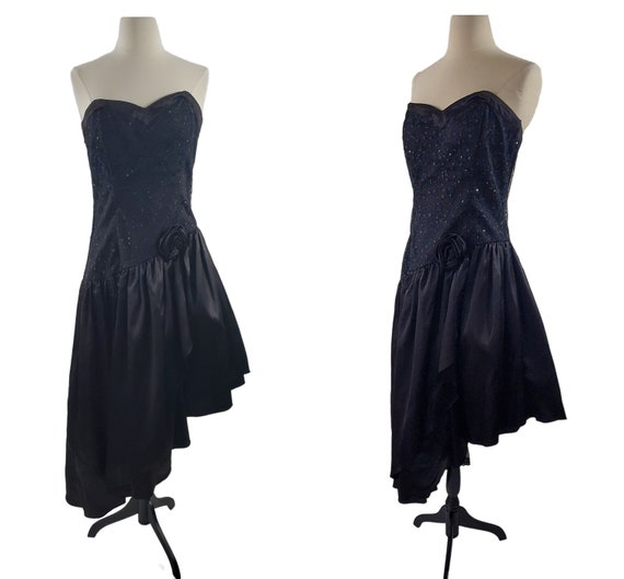 1980s Black Strapless Asymmetrical Hem Dress by G… - image 1