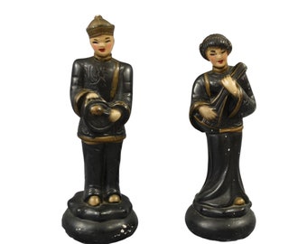 1950s Asian Musical Couple, Chalkware Figurines, Woman and Man Playing Musical Instruments Figurines, Oriental Statues