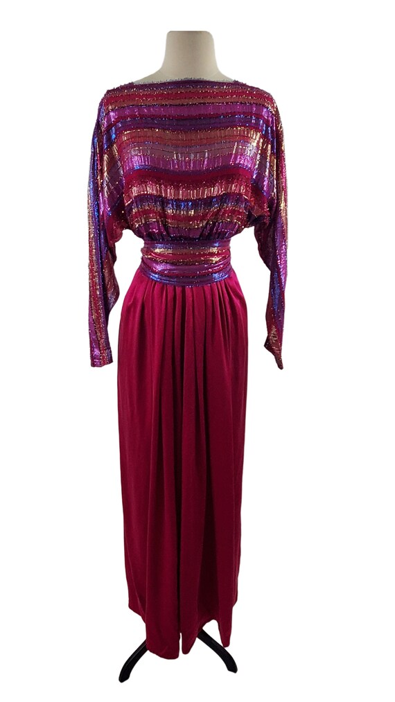 1960s Purple Metallic Print Maxi Dress