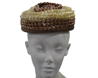 Vintage 50s Women’s Hat Straw Pillbox Fascinator Tan with Satin Ribbon Vintage 50s Women main image 4
