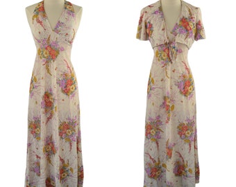 1970s Ivory and Pastel Colored Floral Print Maxi Dress and Matching Bolero