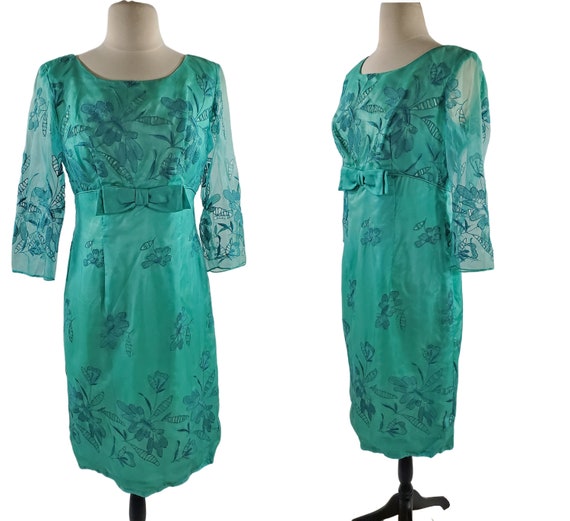 1960s Teal Cut-out Overlay Floral Cocktail Dress - image 1