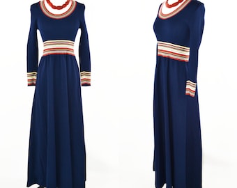 Robe longue bleu foncé à manches longues des années 1970 par Giamo Knits, petite taille