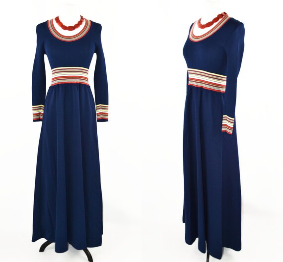 1970s Dark Blue Long Sleeve Maxi Dress by Giamo Kn